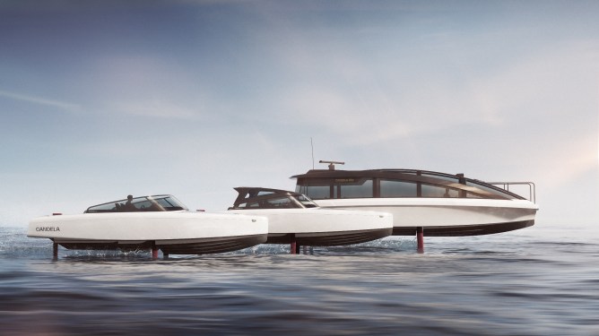 Several hydrofoiling boats stand up out of the water in this render of Candela watercraft.
