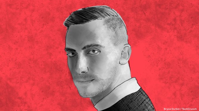 A black and white drawing of Julian Gutman atop a red background