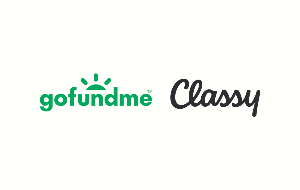 Gofundme's logo and Classy's logo together on a cream background