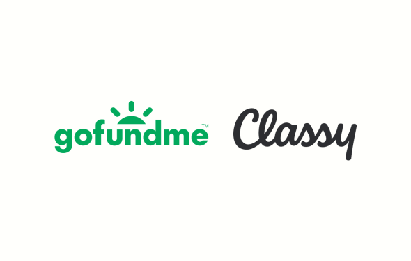 Gofundme's logo and Classy's logo together on a cream background