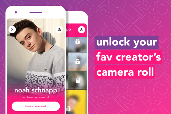 A header image for the Roll app that says unlock your fav creator's camera roll
