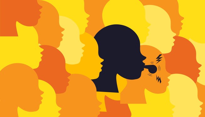 Illustration of orange and yellow silhouettes surrounding a black silhouette blowing a whistle.