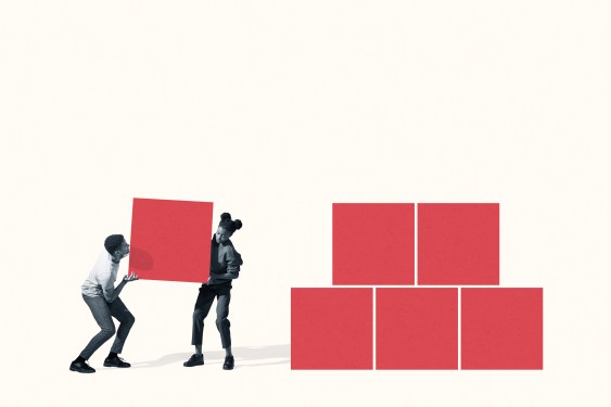 Image of a young man and woman carrying a red block against a white background, stacking it onto a set of blocks to represent working together in a partnership.
