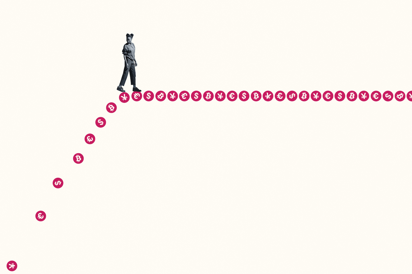 Full length of young woman looking back over shoulder while walking on pink currency symbols against white background