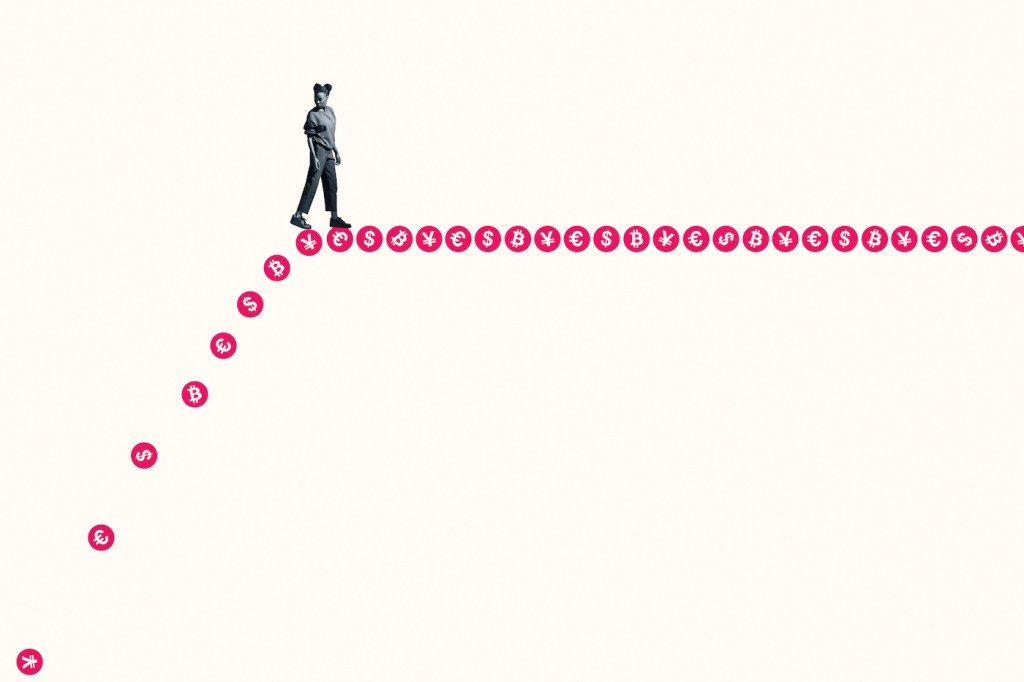 Full length of young woman looking back over shoulder while walking on pink currency symbols against white background