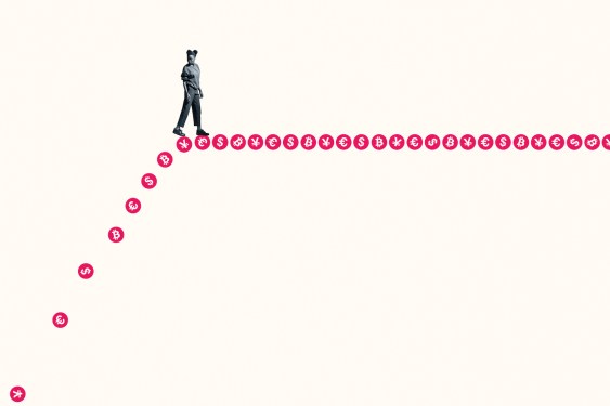 Full length of young woman looking back over shoulder while walking on pink currency symbols against white background