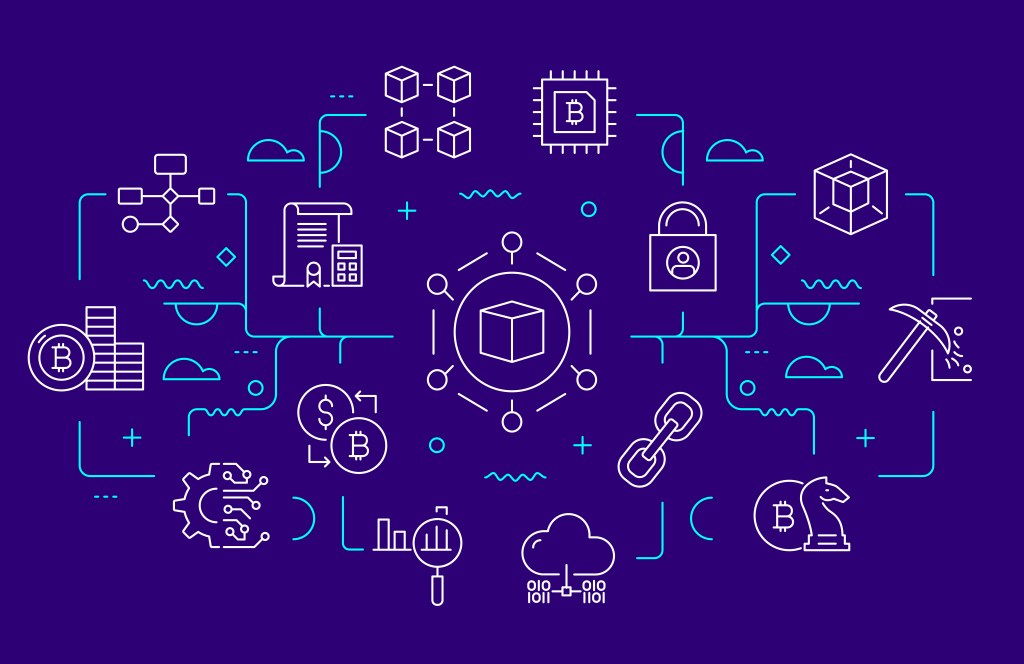 Interconnected line drawings representing blockchain and cryptocurrency and startups .