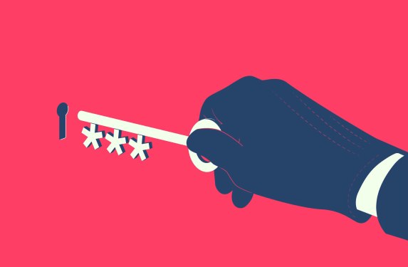 a key with asterisks inserted into a keyhole on a pink background