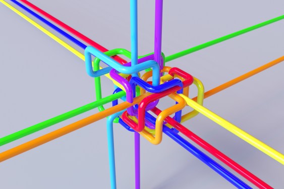 Digital picture with colorful pipes system converging in a place from different directions.