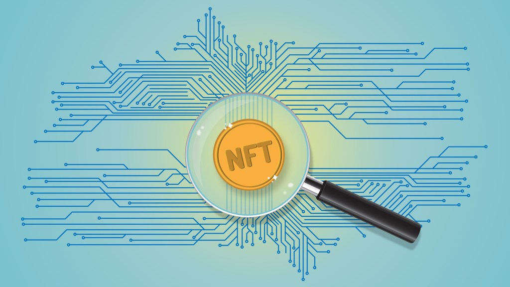 Golden Non Fungible Token under a magnifying lens with computer network circuit.
