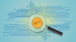 Golden Non Fungible Token under a magnifying lens with computer network circuit.