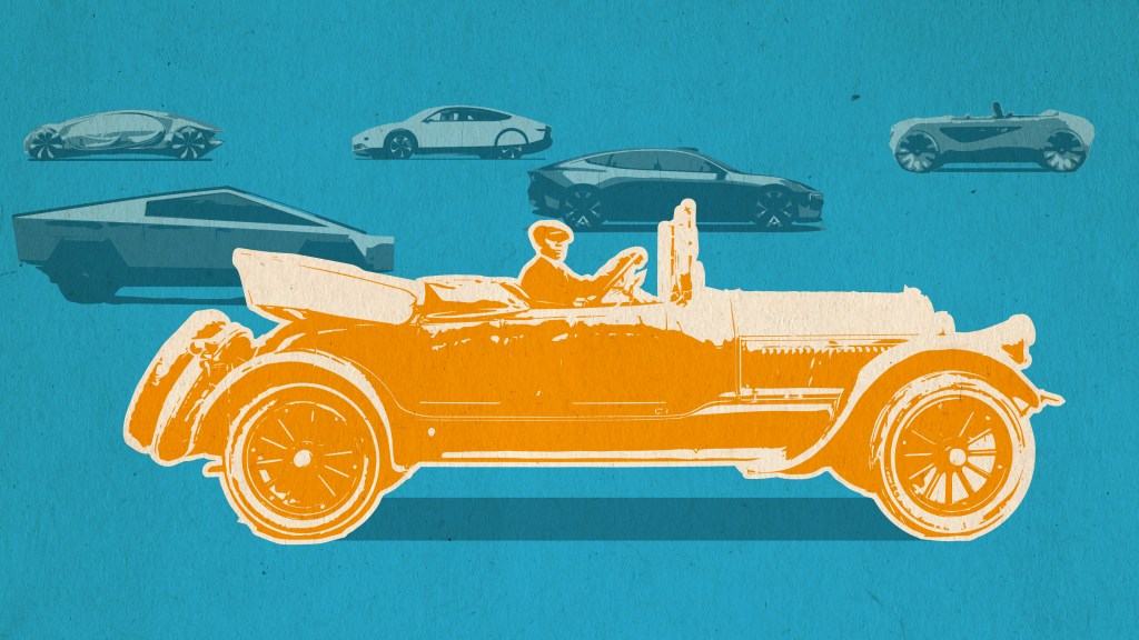 Illustration of an old car among a bunch of futuristic cars.
