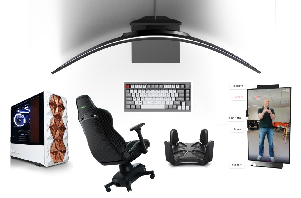 A badly done collage of a fancy monitor, chair, keyboard, and other items.