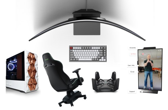 A badly done collage of a fancy monitor, chair, keyboard, and other items.