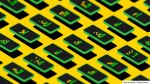 wordle game; a grid of illustrated phones with green and yellow squares on them