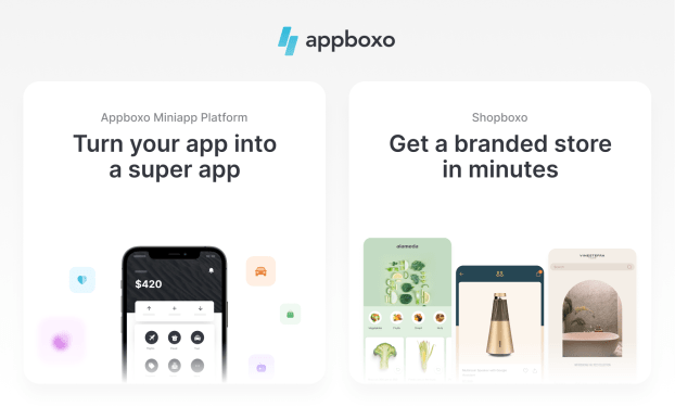 Screenshots of AppBoxo's services for super apps and mini-apps
