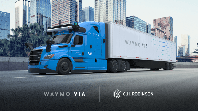 Class 8 truck with Waymo Via logo and CH Robinson logo