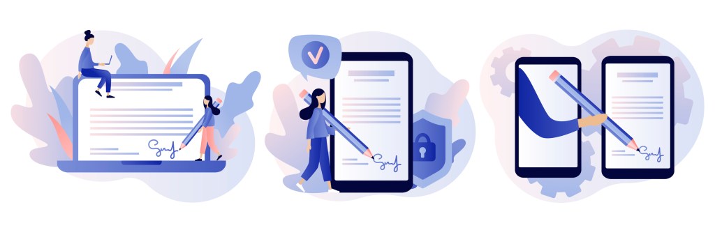 Electronic contract or digital signature concept. Modern flat cartoon style. Vector