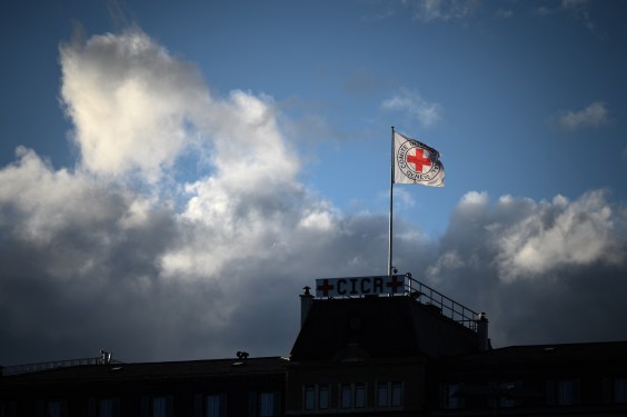 A photo of the flag over the Red Cross headquarters in Geneva