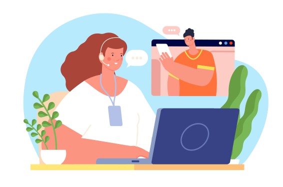 Image of a live agent on a laptop assisting an individual on a smartphone to represent inclusive e-commerce.