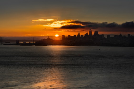 San Francisco Bay, and the city skyline seen from Golden Gate National Recreation Area in Marin County California.