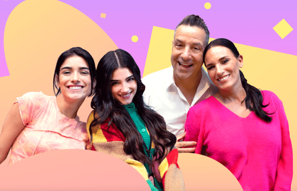 Charli D'Amelio and family with colorful, poppy background