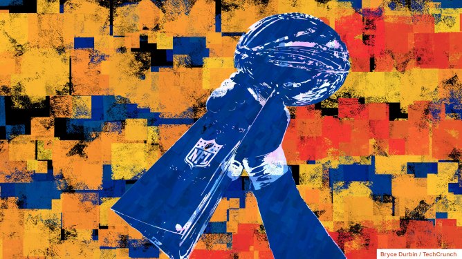 A super bowl trophy colored blue, atop a pixelated background
