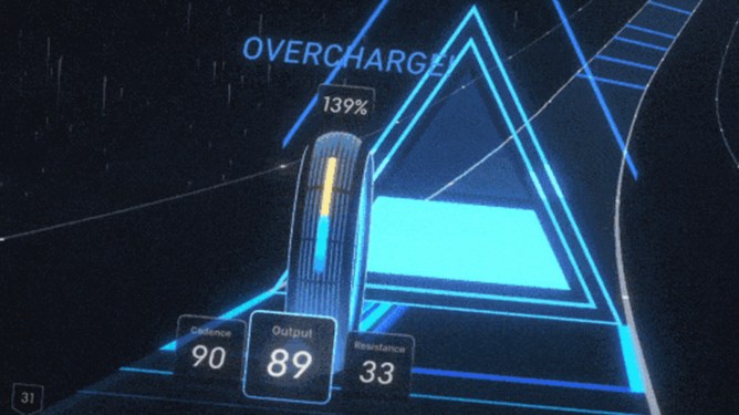 A gif of Breakers, Peloton Lanebreak Moment, that shows a wheel riding down the track filling pyramid shapes that charge faster by raising your output and award points for completing.
