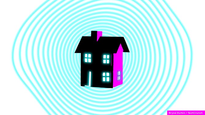 a house glowing with magenta and cyan