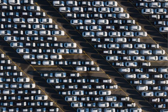 Toyota Motor plant in St Petersburg, Russia. Overhead of lot full of cars.