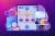Analyst working at laptop with automation process. Business process automation, business process workflow, automated business system concept. Bright vibrant violet vector isolated illustration