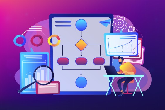 Analyst working at laptop with automation process. Business process automation, business process workflow, automated business system concept. Bright vibrant violet vector isolated illustration