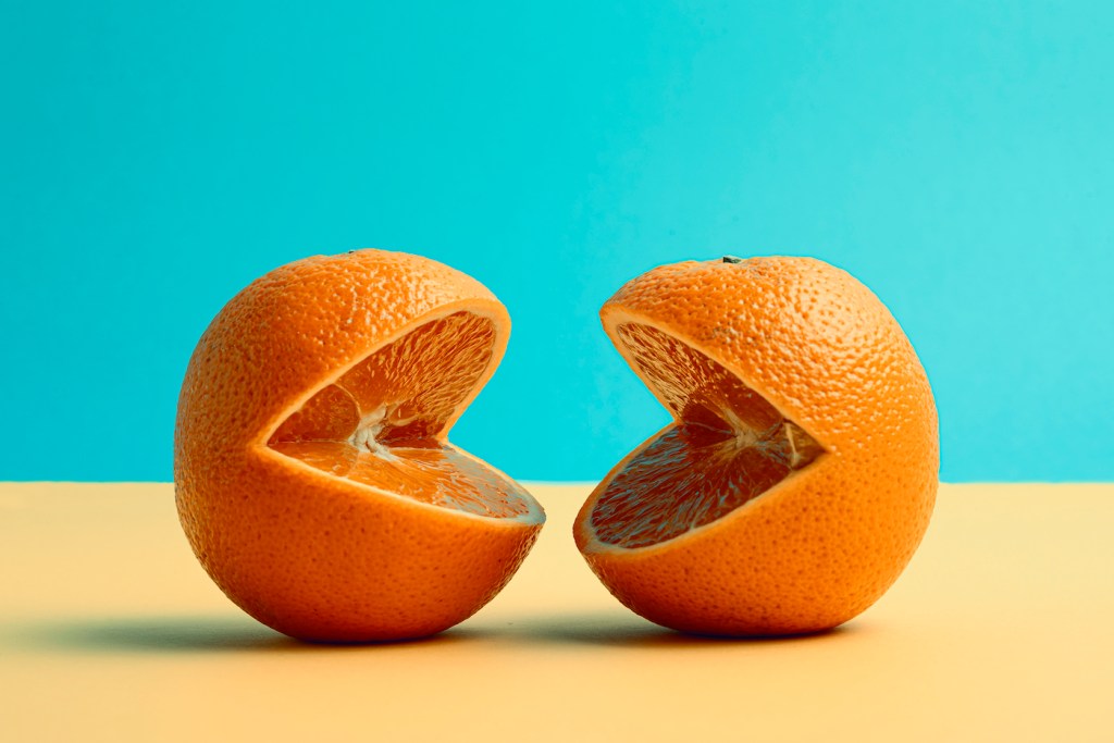 Concept of discussion between two oranges.Studio shot