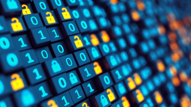 Binary background with locks representing security or encryption.