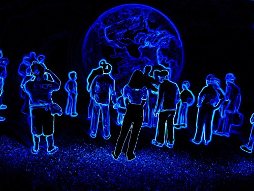Illustration of people surrounding a globe to represent virtual reality/the metaverse.