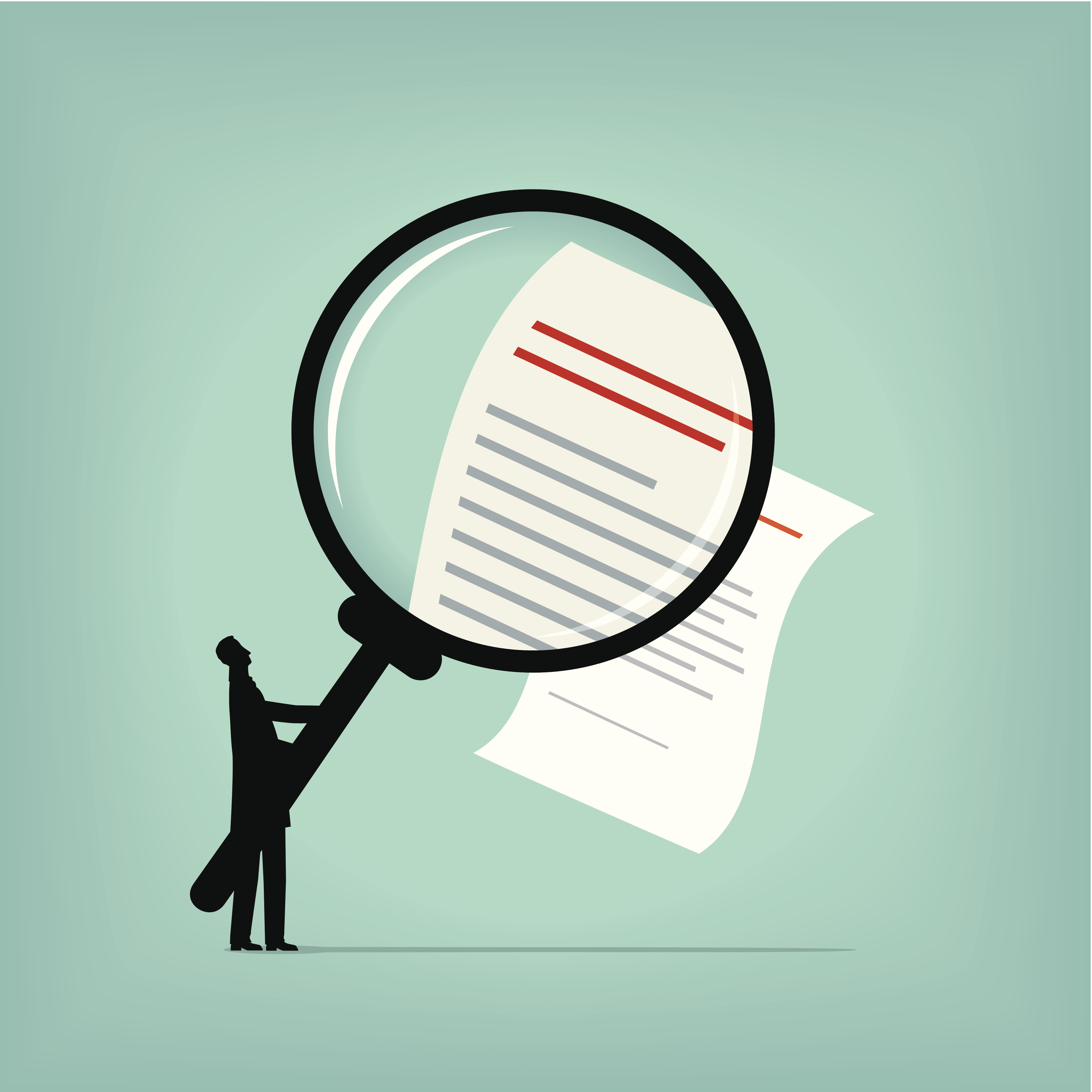 Illustration of a person with a magnifying glass studying a contract.