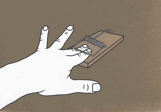 Illustration of fingers in mousetrap against colored background representing trapped
