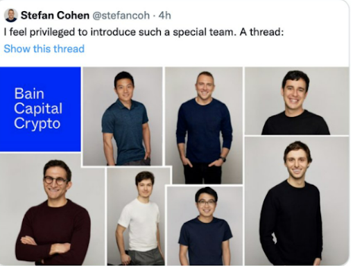 screenshot of a since-deleted tweet by Stefan Cohen at Bain Crypto Capital announcing an all-male team.