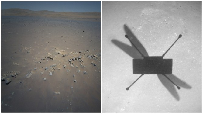 Image of Mars helicopter Ingenuity's shadow and a photo it took in flight.