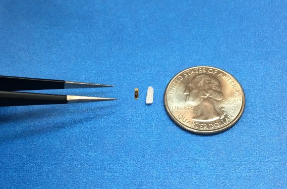 Injectsense's intraocular pressure monitoring device shown with grain of rice and quarter for scale.