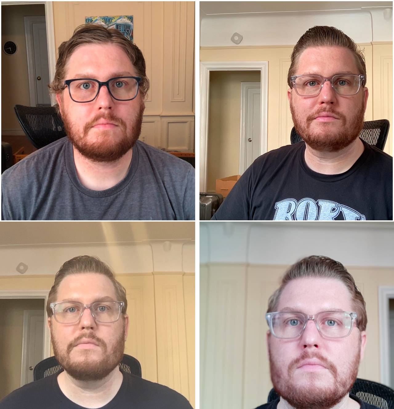 Clockwise from top left: iMac 2020, iMac 2021, Opal C1 external webcam, Mac Studio camera review test images
