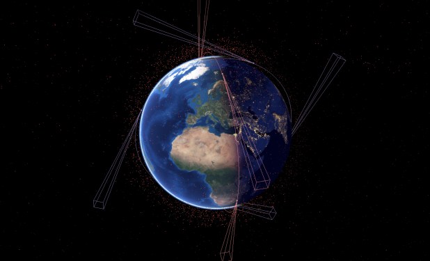 Simulation of Vyoma satellites and their views of space debris.
