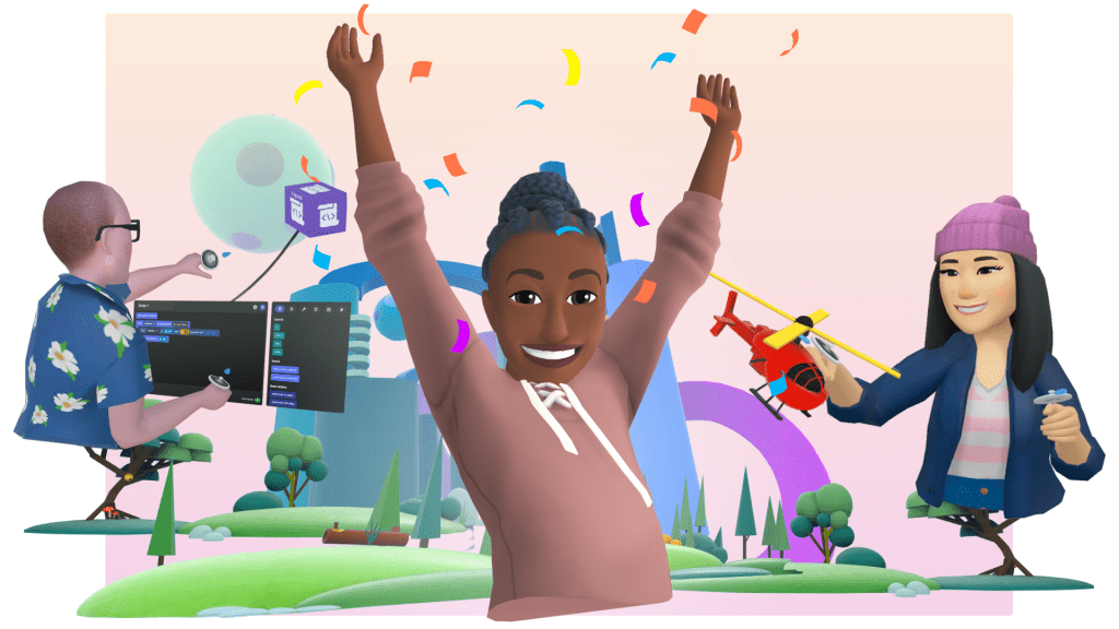 Three cheering avatars in a graphic promoting Meta's Horizon Worlds