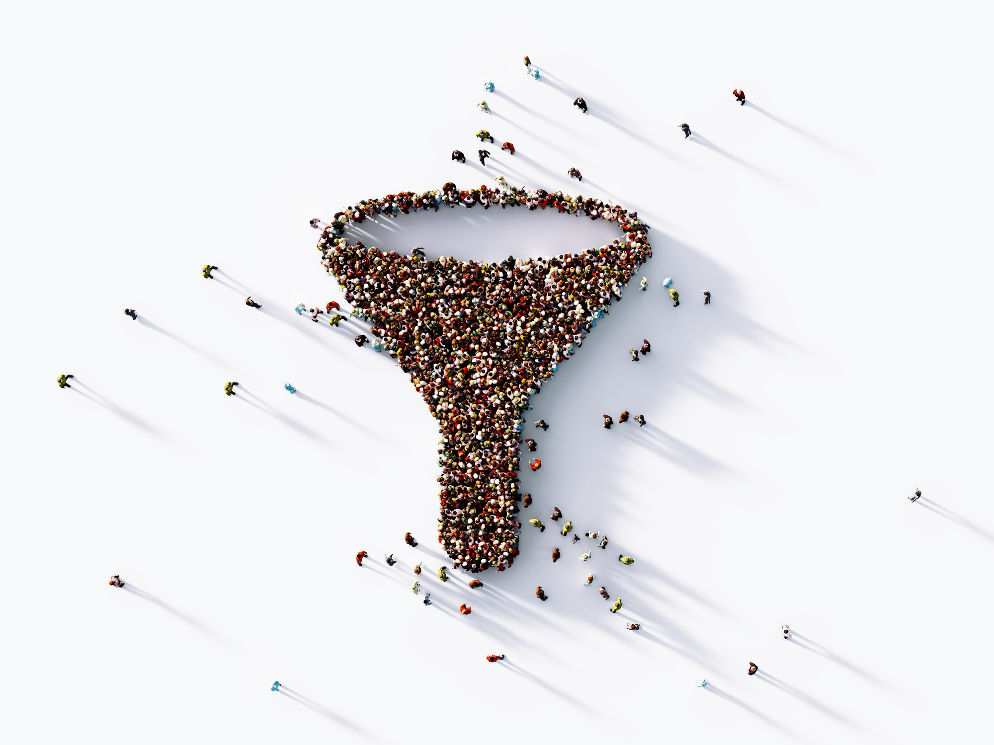 Crowd forming a funnel symbol on white background.