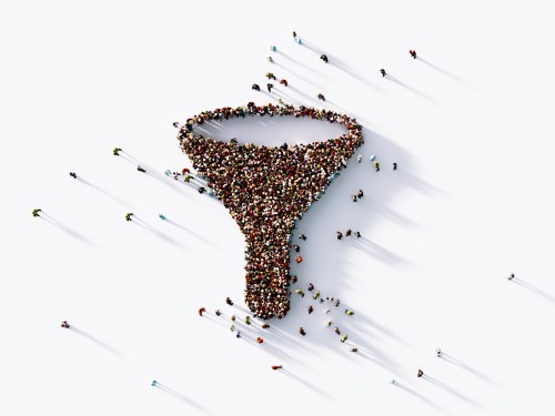Crowd forming a funnel symbol on white background.