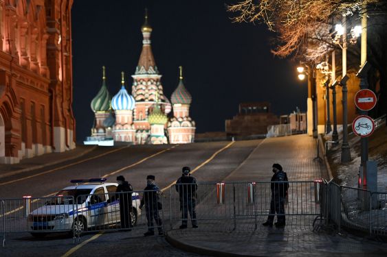 Police officers block access to Red Square during a protest against Russia's invasion of Ukraine in central Moscow on March 2, 2022.