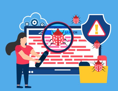 Illustration of woman finding bug in software program.
