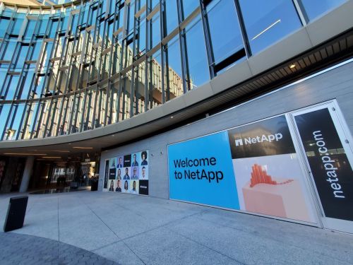Wide angle view of signs at office of software company NetApp in the Silicon Valley, San Jose, California, December 18, 2021. Photo courtesy Tech Trends. (Photo by Gado/Getty Images)