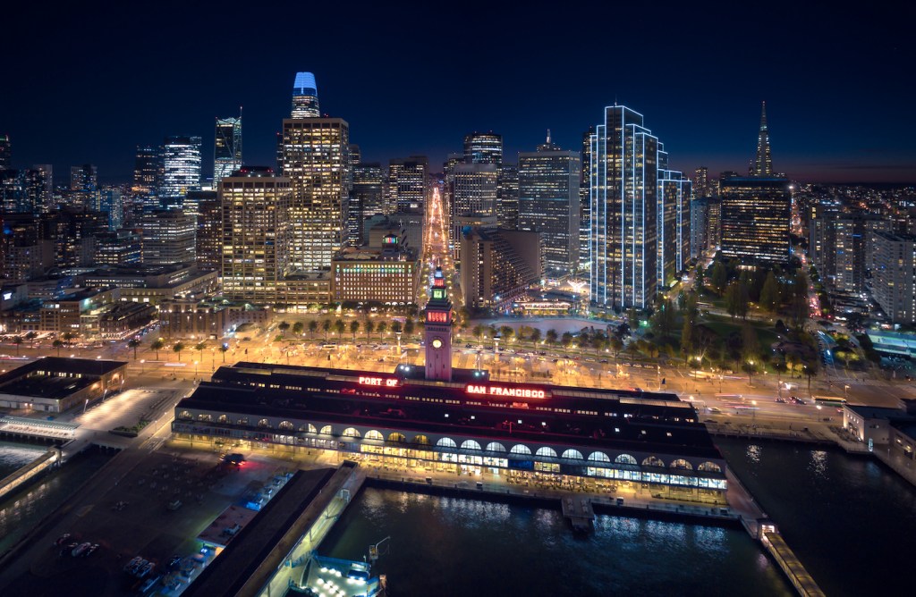 San Francisco Skyline and Ferry Building Aerial View at Night, California, USA