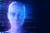 Holographic human type AI robot and programming data on a black background.